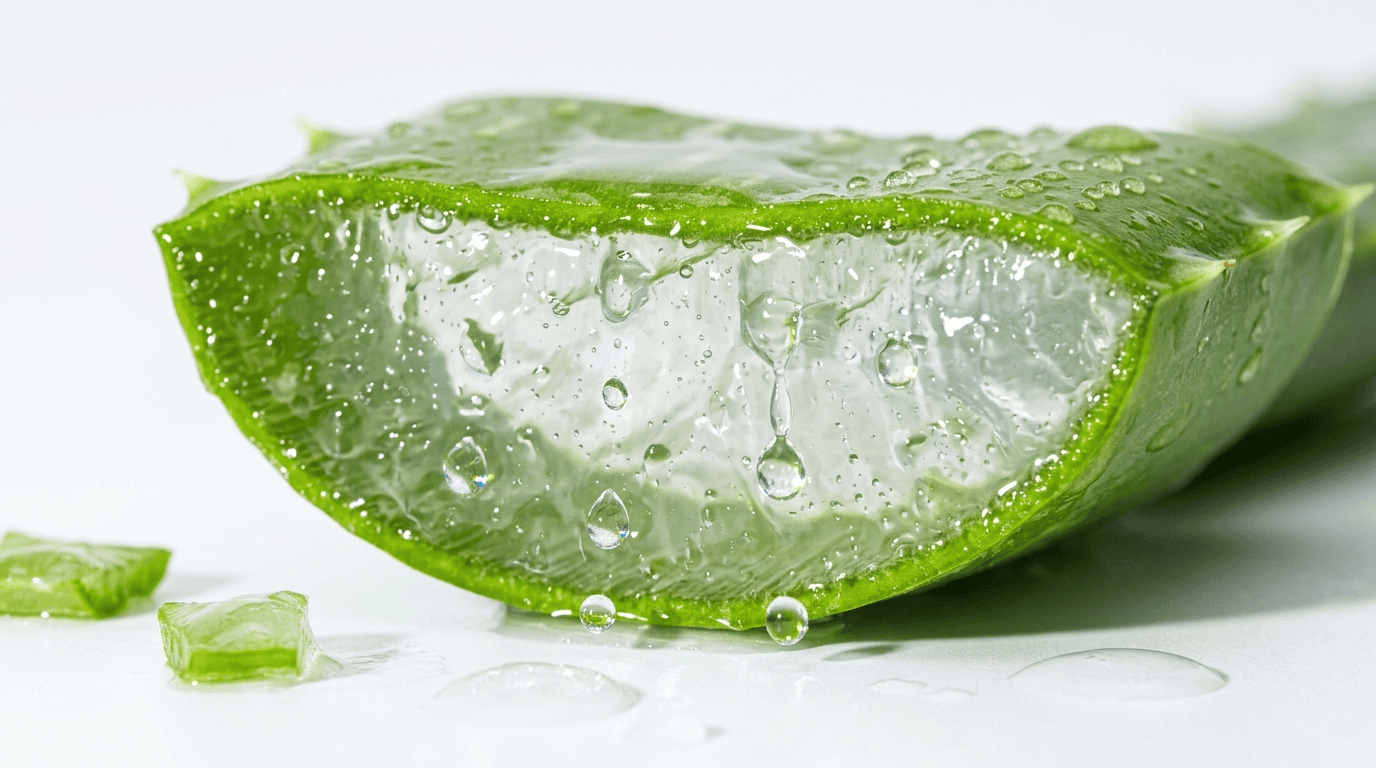 Aloe vera gel drop macro detail with translucent texture on white background