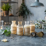 Apothecary laboratory comparing different ceramide types — glass vials with molecular substances, brass magnifying loupe, florist workroom setting