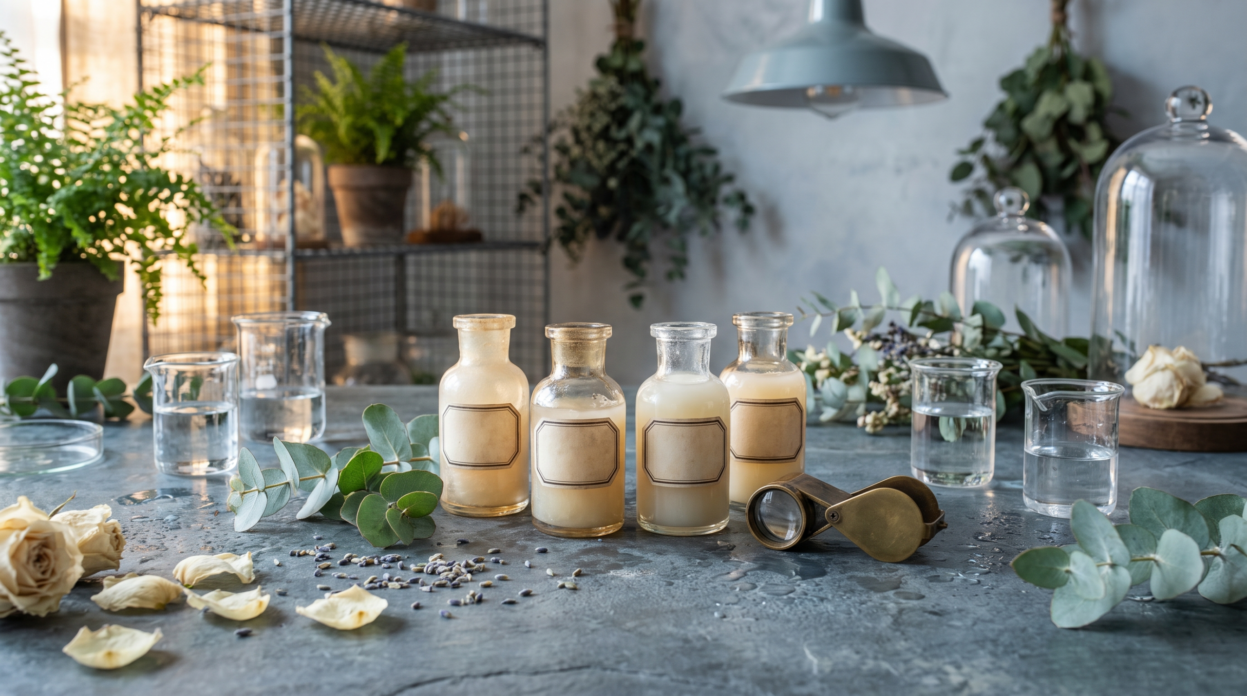 Apothecary laboratory comparing different ceramide types — glass vials with molecular substances, brass magnifying loupe, florist workroom setting