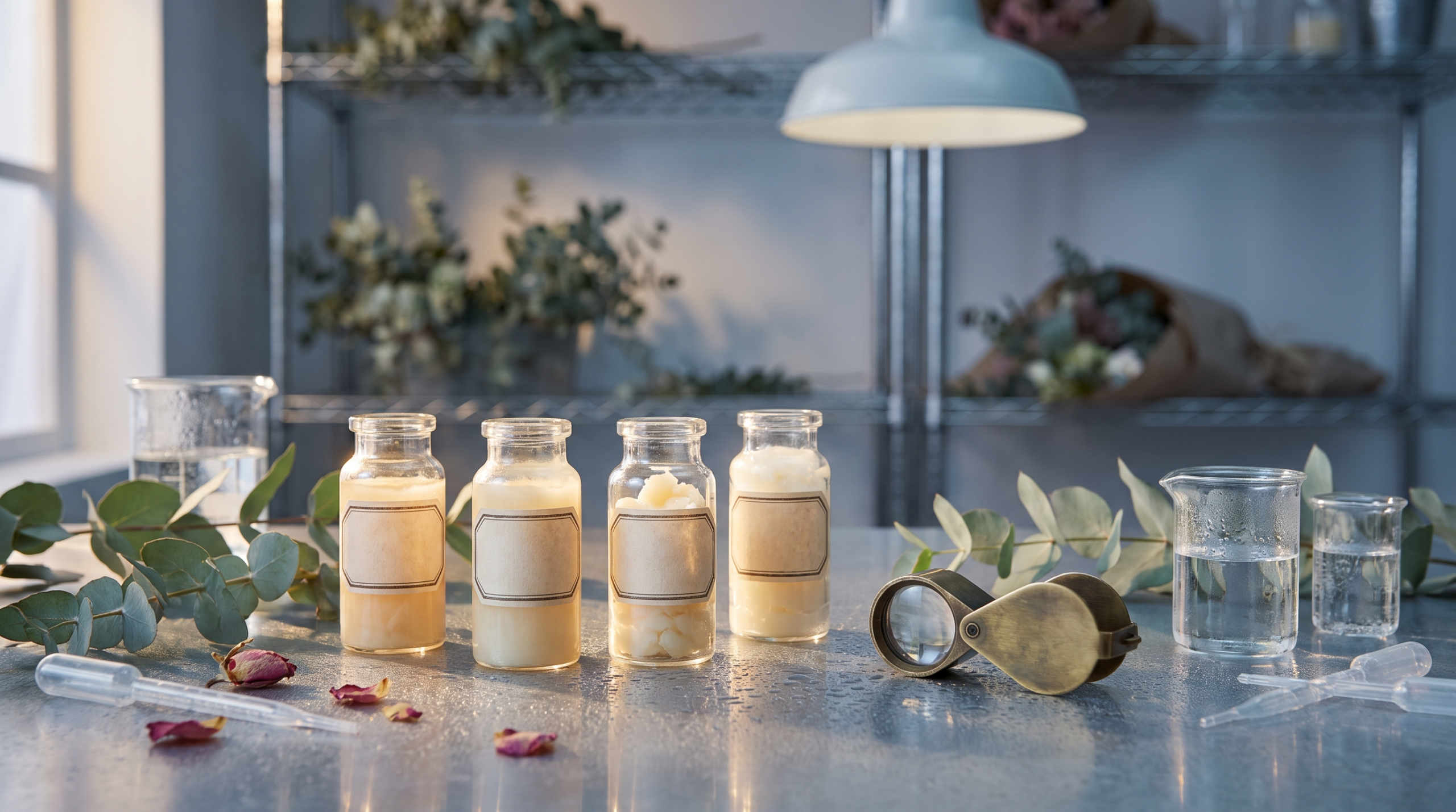 Ceramide type comparison vials in florist workroom setting, macro detail