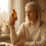 Elena examining a serum bottle color in warm morning kitchen light