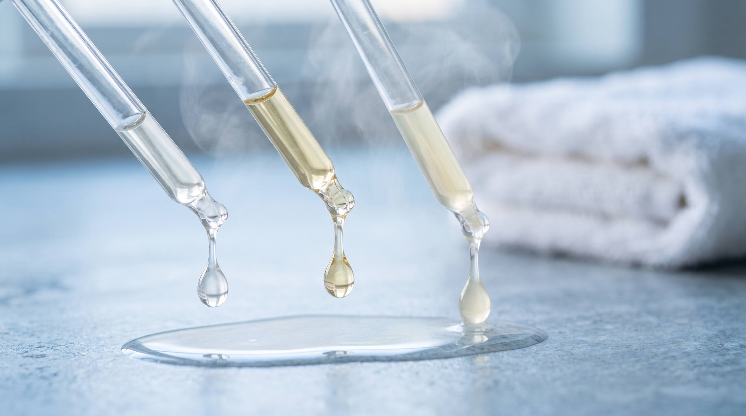 Glass droppers releasing serum droplets in sequence, illustrating skincare layering order and absorption
