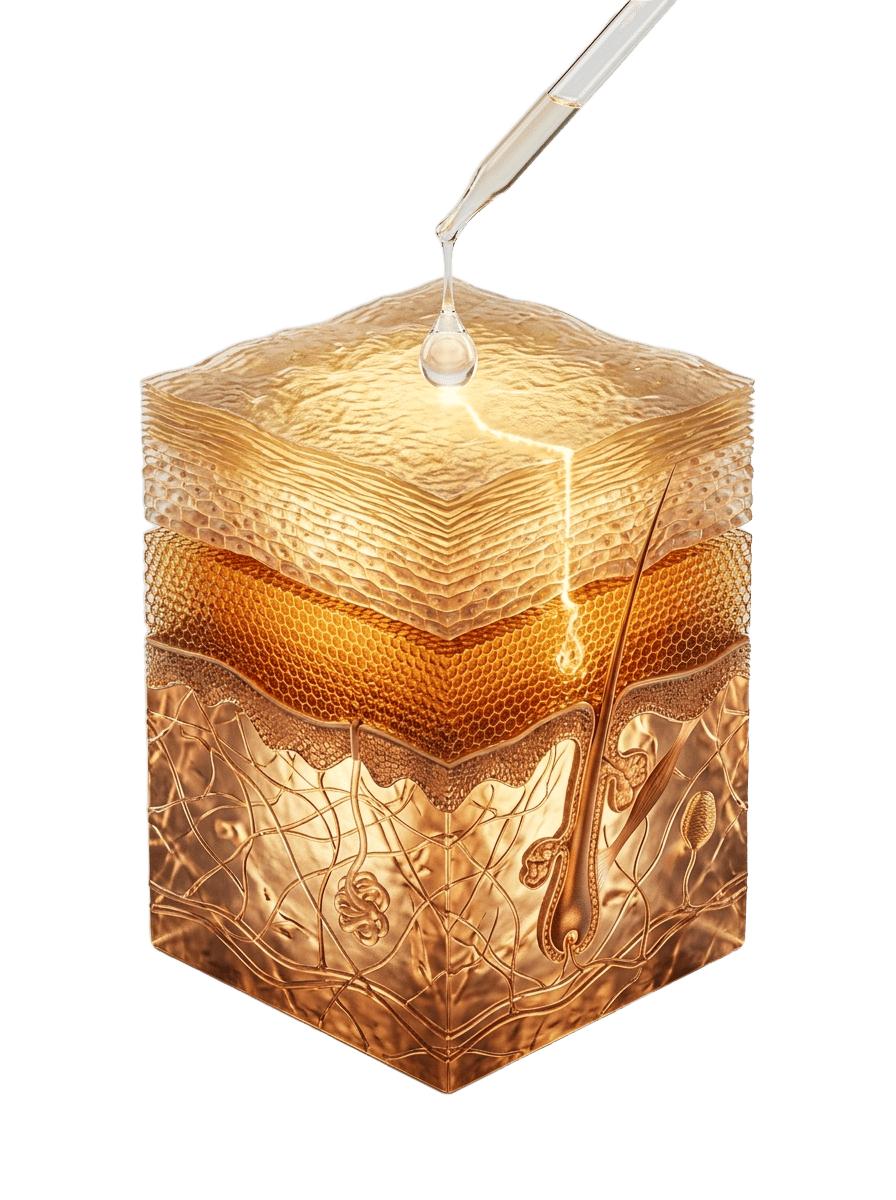 Illuminated skin cross-section with ceramide lipid barrier layers and serum absorption
