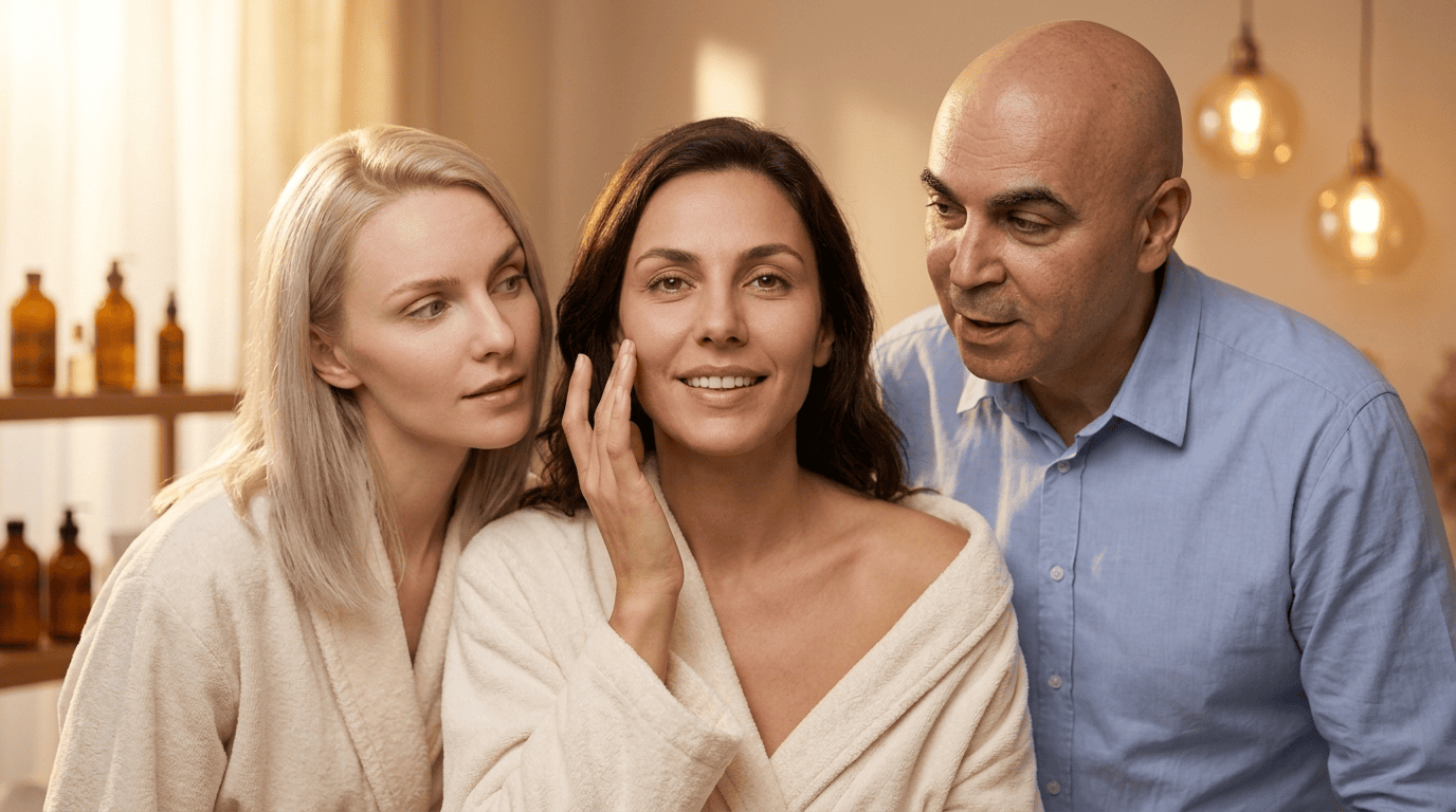 Marian Hanzel with Sofia and Elena discussing skin barrier health in a warm skincare studio setting