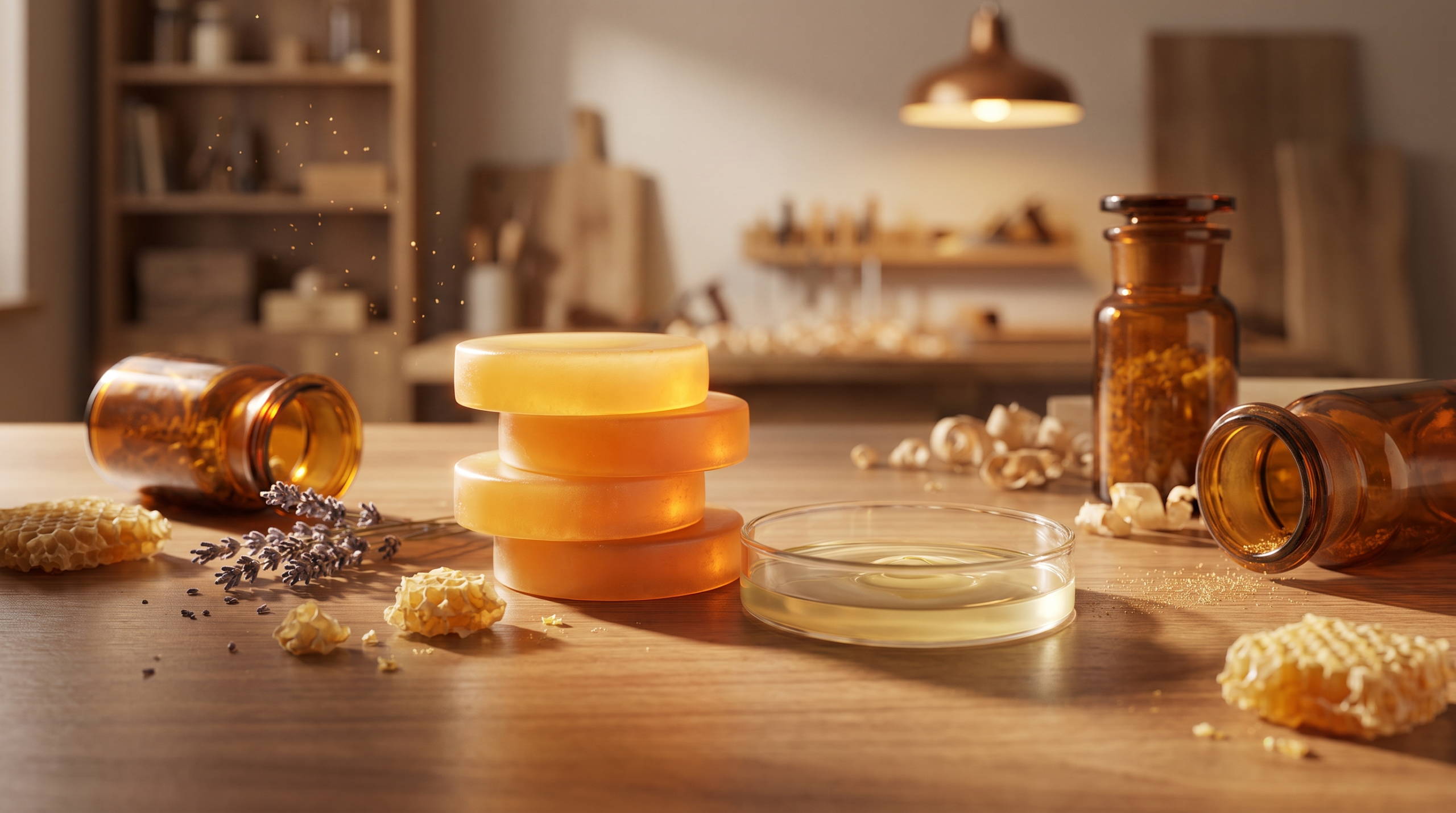 Premium ceramide skincare photography — layered translucent golden lipid discs representing skin barrier structure, apothecary jars, warm woodworking studio background