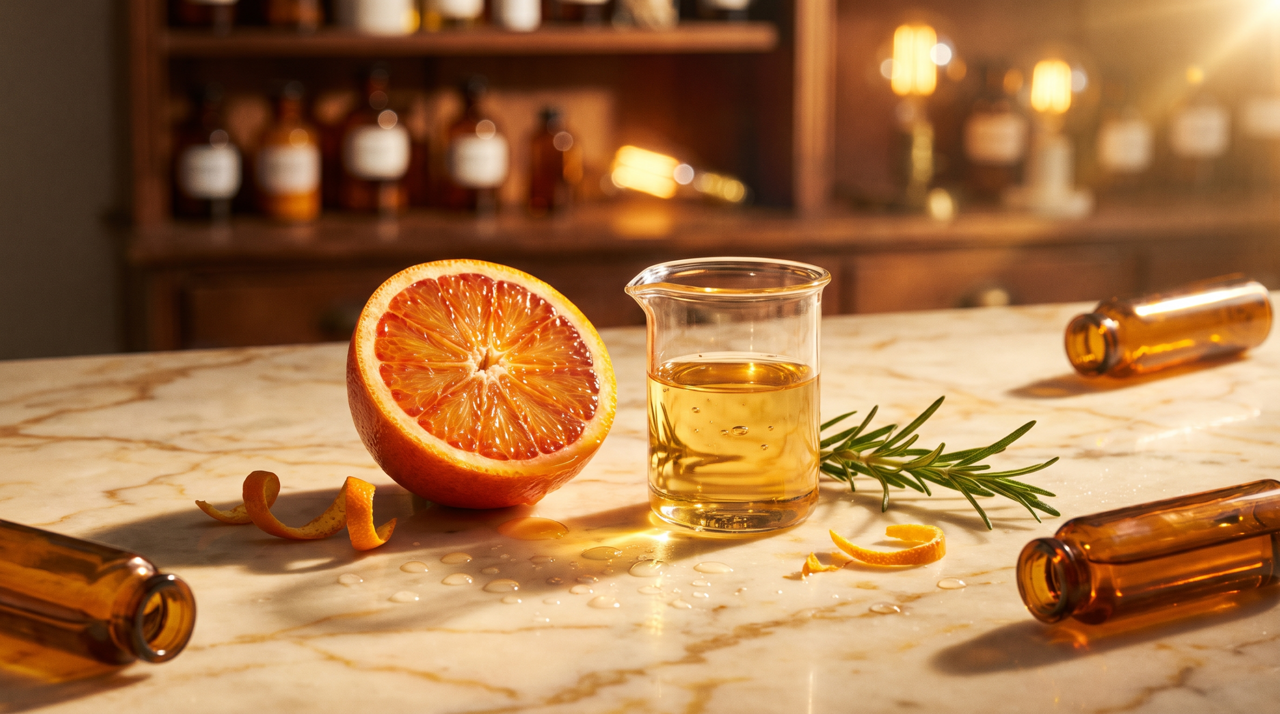Premium vitamin C skincare photography — fresh blood orange halved with glistening citrus cells, laboratory beakers with golden serum, apothecary shelf bokeh background with warm amber lighting