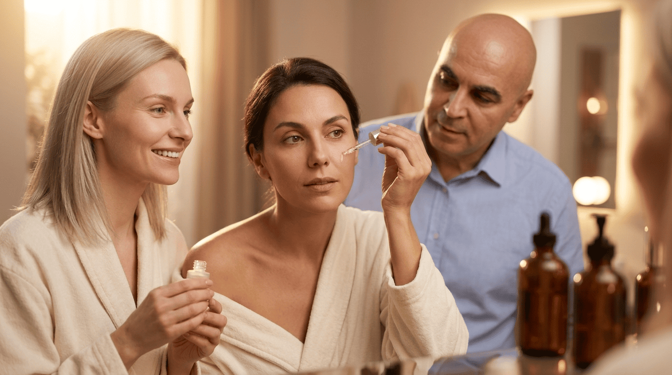 Sofia applying serum with Elena and Marian in a warm bathroom vanity skincare routine setting