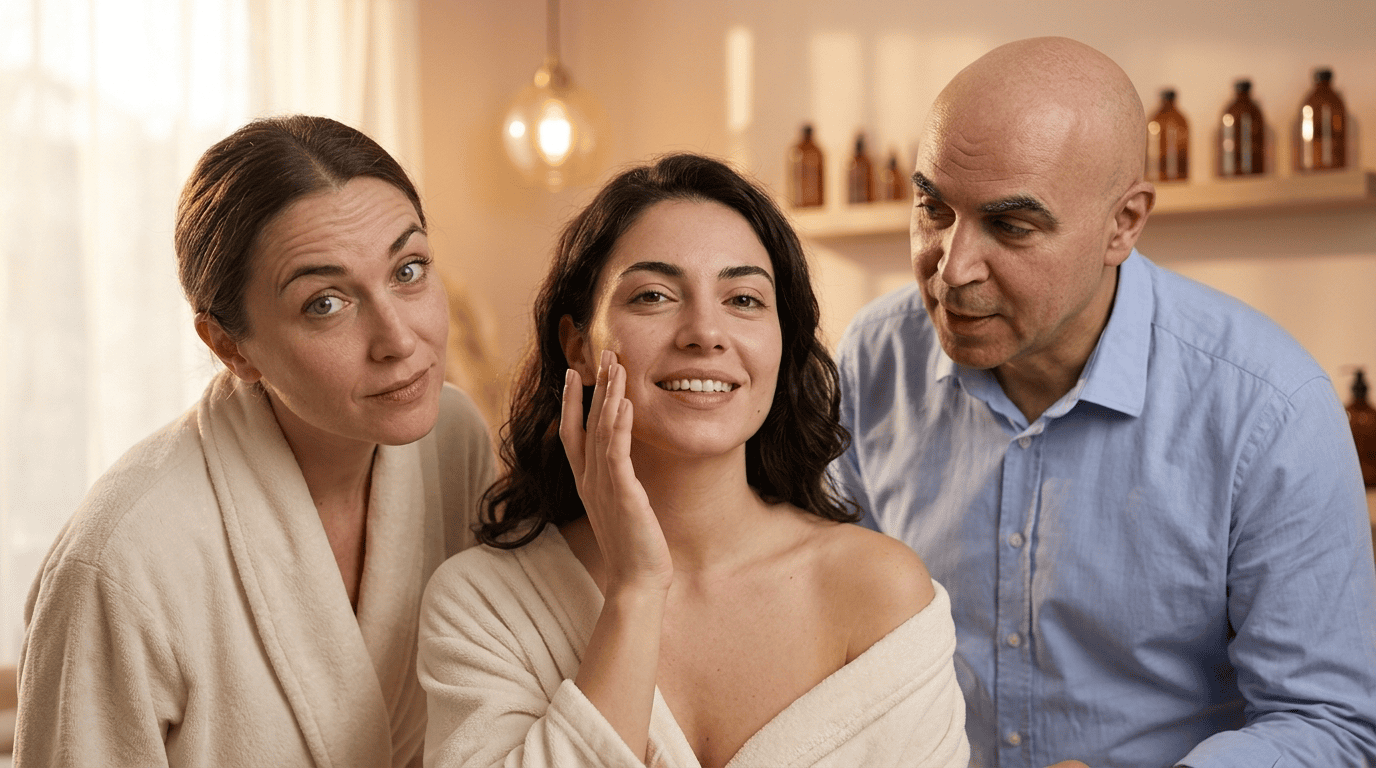 Sofia, Elena, and Marian in a warm skincare studio discussing barrier repair