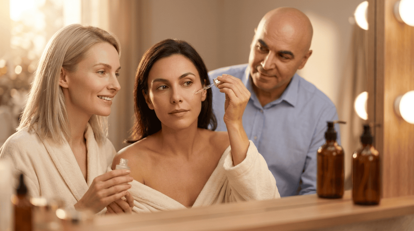 Sofia, Elena, and Marian in a warm skincare vanity setting for barrier routine