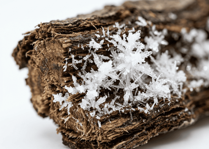 Salicylic acid crystals growing on fresh willow bark cross-section