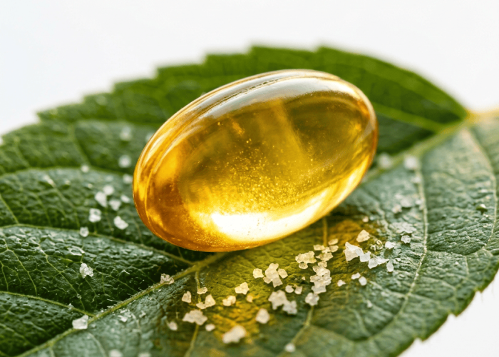 Golden biotin capsule on fresh green leaf with white crystals glowing under warm backlight