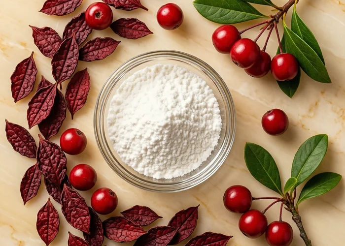 Crushed bearberry leaves with clear alpha arbutin extract pooling on white marble