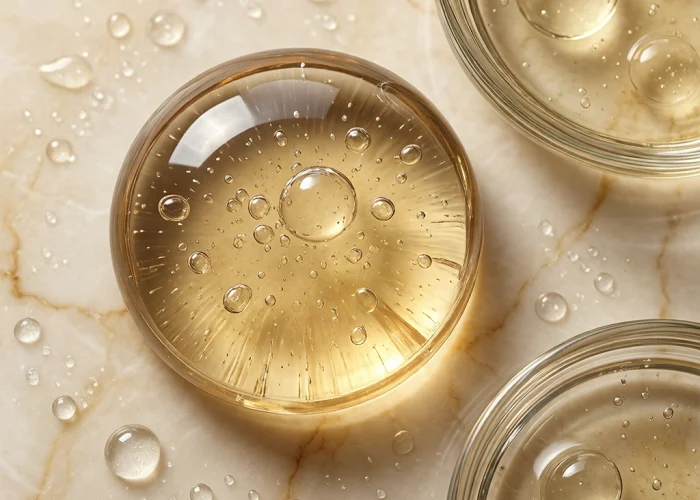 Transparent hyaluronic acid gel dome on glass slide showing bouncy hydrating texture