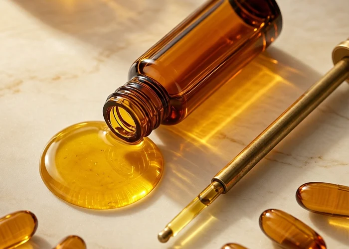Deep golden-amber retinol oil drop suspended at glass pipette tip