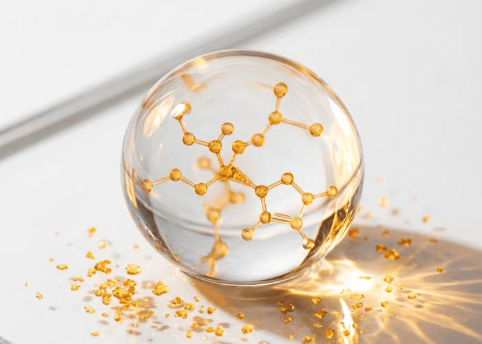 Clear serum drop with visible Vitamin C molecules and SAP crystals on white background